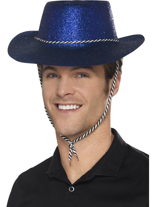 Blauwe Glitter plastic cowboy hoed